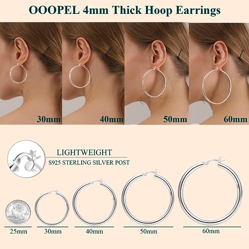 OOOPEL 4mm Thick Gold Chunky Earrings Steling Silver Post Hoops For Women Hollow Tube Hoop Hypoallergenic Lightweight Large 20/30/40/50/60MM, Sterling Silver, No Gemstone, Silver,30mm - Image 3