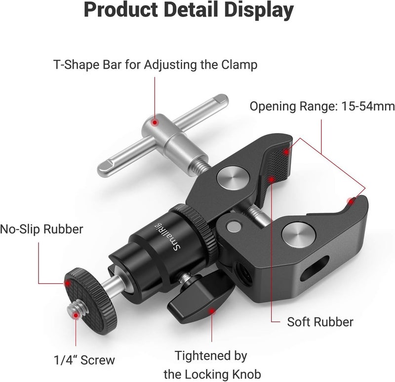 SMALLRIG Super Clamp Mount with Mini Ball Head Mount Hot Shoe Adapter with 1/4 Screw for LCD Field Monitor, LED Lights, Flash, Microphone, Gopro, Action Cam - 1124 Seasonal & permanent compatible - Image 5