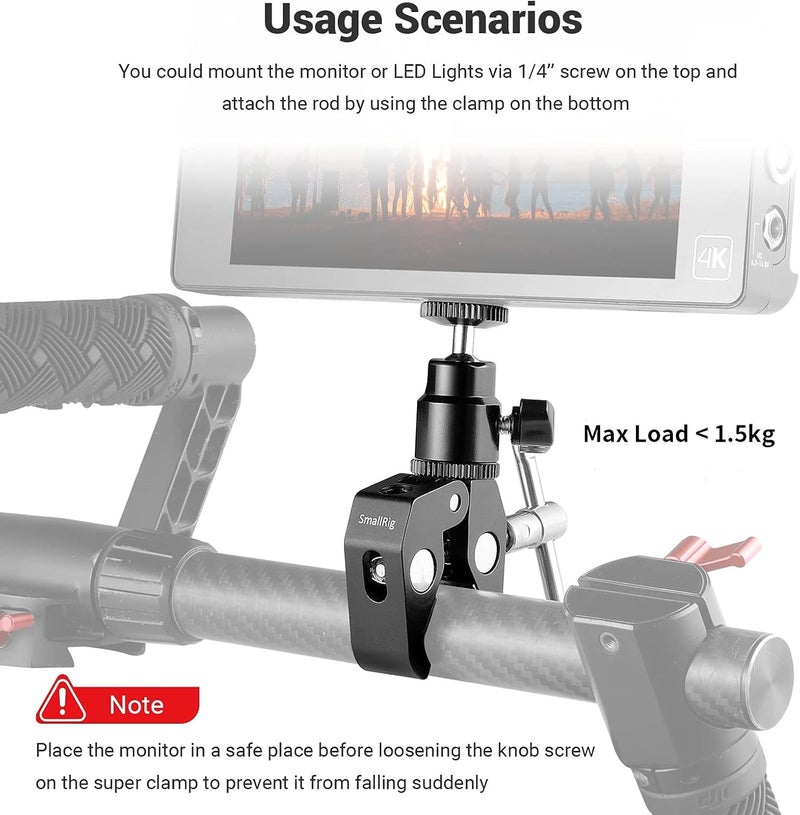 SMALLRIG Super Clamp Mount with Mini Ball Head Mount Hot Shoe Adapter with 1/4 Screw for LCD Field Monitor, LED Lights, Flash, Microphone, Gopro, Action Cam - 1124 Seasonal & permanent compatible - Image 3