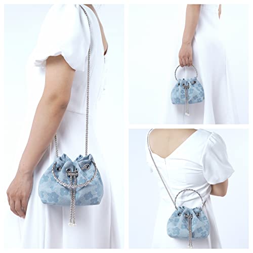 Ayliss Women Evening Handbag Mini Clutch Rhinestone Pouch Crossbody Handbag Purse Top Handle Floral Shoulder Bag Prom (Mini,Blue) - Image 2
