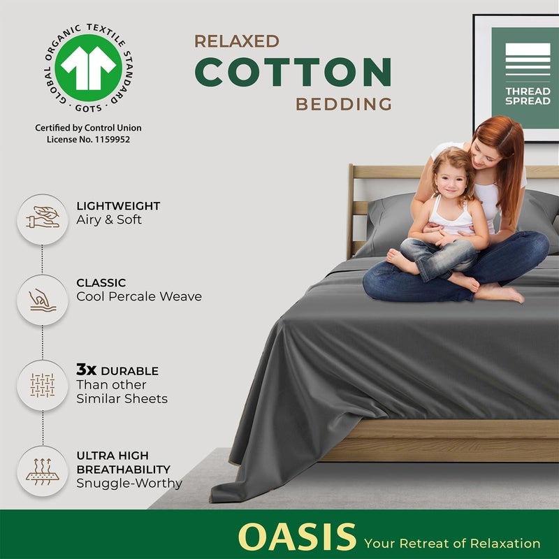 Thread Spread 100% Organic Cotton Sheets Twin Size - 3 PC Organic Cotton Twin Size Percale Weave Sheet Set, Soft, Cooling, Crisp & Breathable, 16" Deep Pocket Hotel Quality Bedding - Dark Grey - Image 5