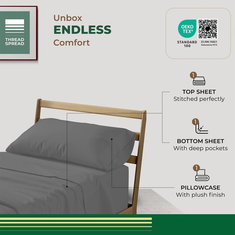 Thread Spread 100% Organic Cotton Sheets Twin Size - 3 PC Organic Cotton Twin Size Percale Weave Sheet Set, Soft, Cooling, Crisp & Breathable, 16" Deep Pocket Hotel Quality Bedding - Dark Grey - Image 3