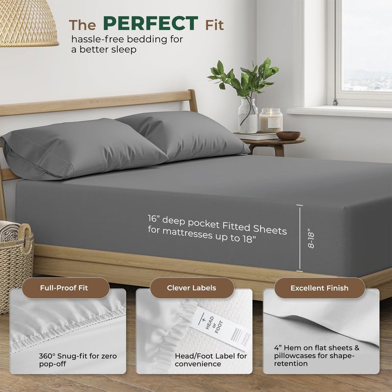 Thread Spread 100% Organic Cotton Sheets Twin Size - 3 PC Organic Cotton Twin Size Percale Weave Sheet Set, Soft, Cooling, Crisp & Breathable, 16" Deep Pocket Hotel Quality Bedding - Dark Grey - Image 4