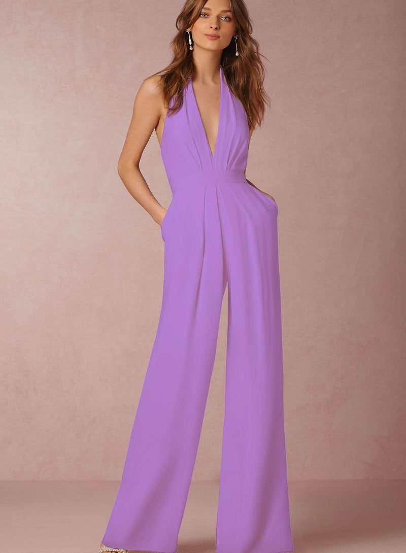 Loquat V-neck Jumpsuits Purple 