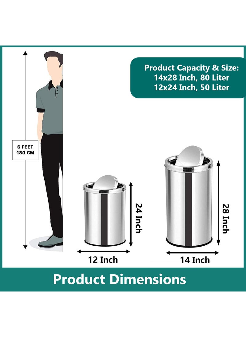 mofna mofna Stainless Steel Swing Type Dustbin Trash bin Garbage Bin Waste Container Steel Dustbin For Home Kitchen Office Size 12x24 Inch 50 Liter 14x28 Inch 80 Liter  - Image 2