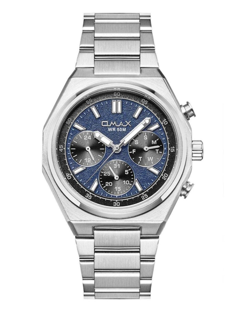 Omax Men's Wrist Watch with Blue Dial and Silver-tone Metal Bracelet, WR 50M - Image 1