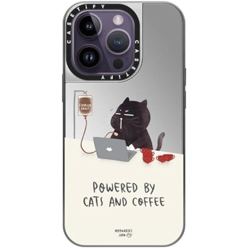 Casetify Mirror Case for iPhone 14 Pro Compatible with Magsafe - Powered by Cats and Coffee - Silver on Silver - Image 2