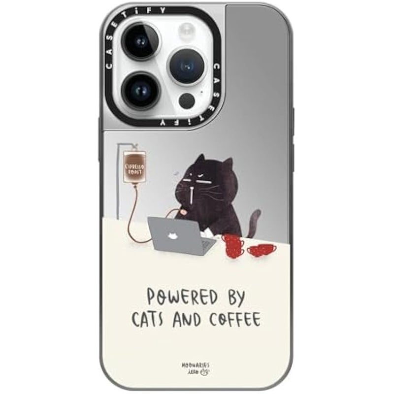 Casetify Mirror Case for iPhone 14 Pro Compatible with Magsafe - Powered by Cats and Coffee - Silver on Silver - Image 1