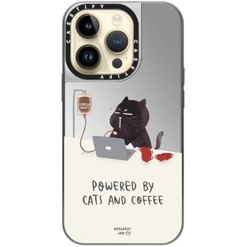 Casetify Mirror Case for iPhone 14 Pro Compatible with Magsafe - Powered by Cats and Coffee - Silver on Silver - Image 4
