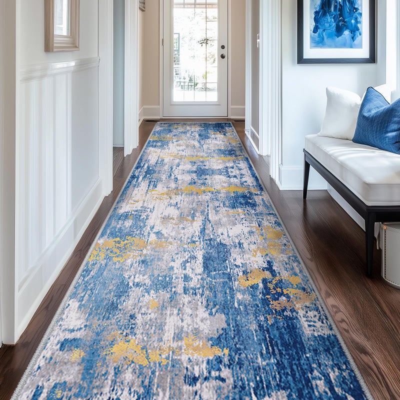 RELEANY Washable Area Rugs 2'x10' Non-Slip Modern Abstract Soft for Living Room Entryway Bedroom Nursery  Print Pattern  Grey Blue Gold/Golden - Image 1