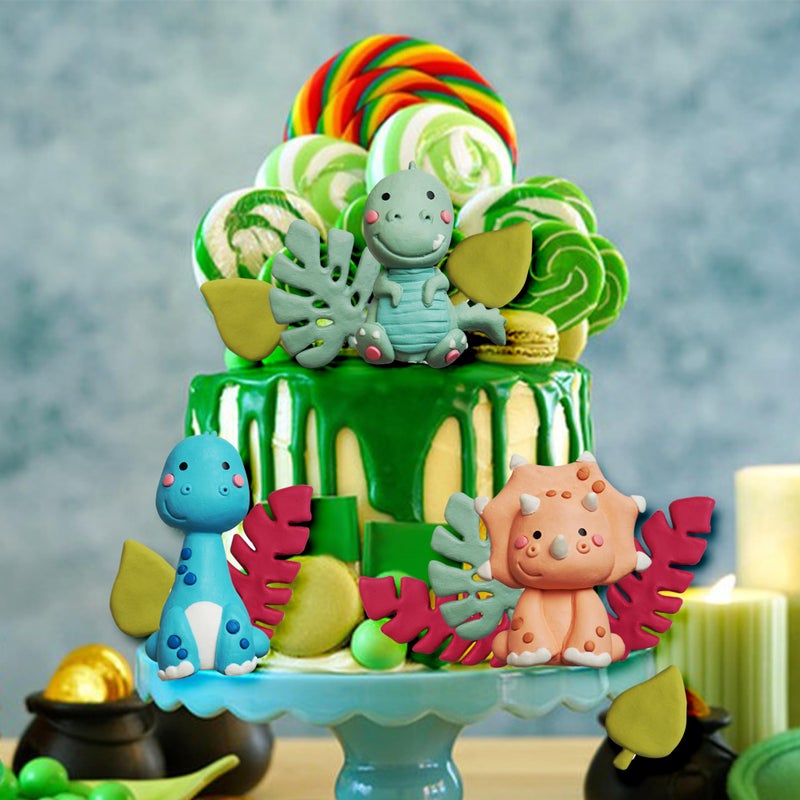 ZXSWEET Clay Dinosaur Cake Toppers With Leaves for Birthday Dinosaur Theme Jungle Theme Supplies - Image 4