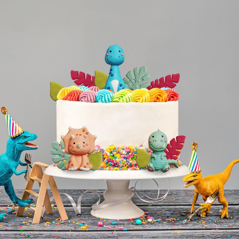 ZXSWEET Clay Dinosaur Cake Toppers With Leaves for Birthday Dinosaur Theme Jungle Theme Supplies - Image 5