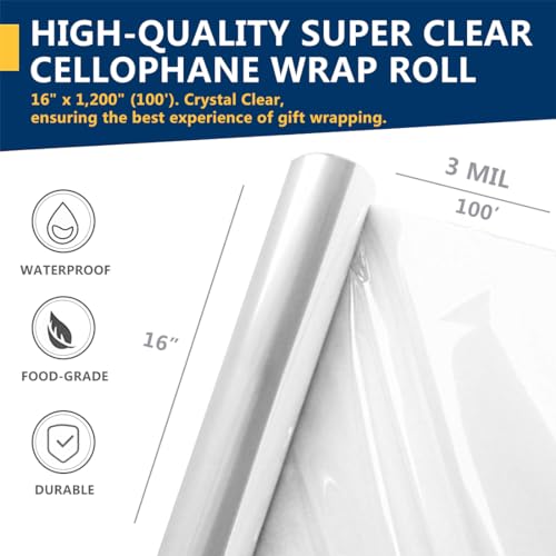 PH PERKHOMY PerkHomy Clear Cellophane Wrap Roll 16 x 100 3 Mil Thick Cellophane For Gift Basket Treats Goodie Wrapping Craft Flower Bouquet Plastic Clear 100ft 16in Width - Image 5