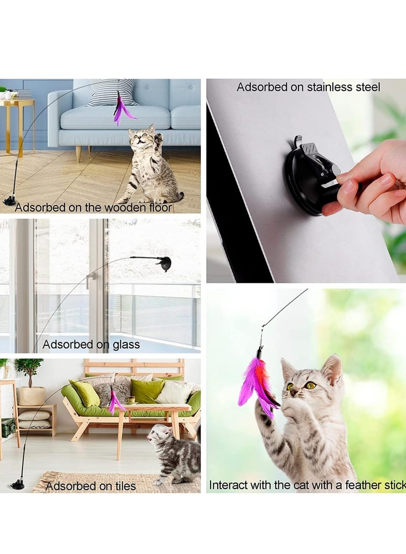 Cats Toys Interactive for Indoor Cats Adult Kitten Toys, with Sticky Super Suction Cup Detachable 10 Pcs Cat Feather Toy 2 Wand Hanging Door Kitten Toys Feather colors assorted