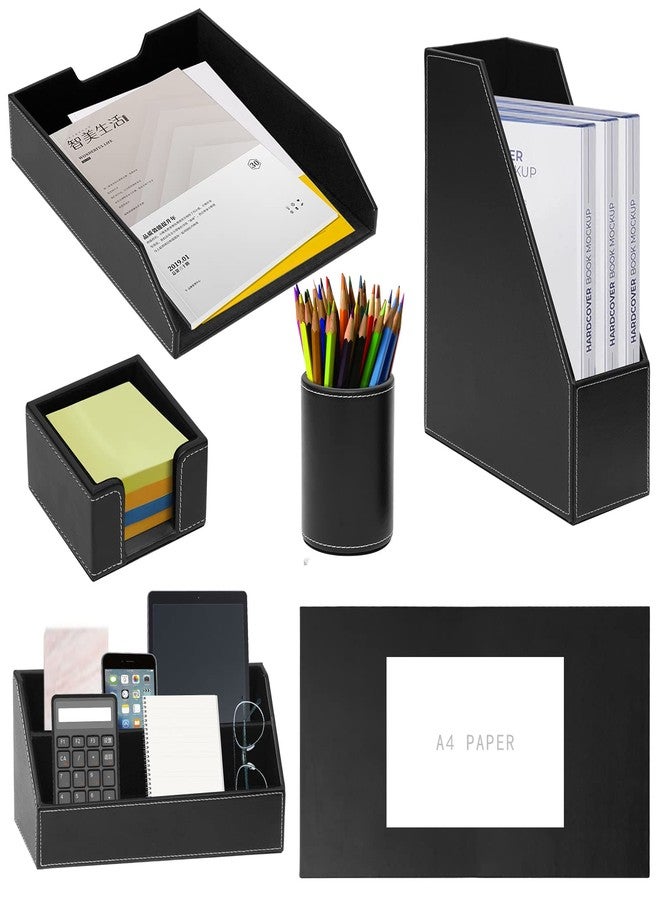 XNONE Office Supplies PU Leather 6-Piece Set Desk Organizer,Include Writing Pad,Letter Tray,file folder Sorter/Magazine Holder,Pen Cup,Note Holder,Business Card Holder,Man/Woman Office Gift,Black - Image 1