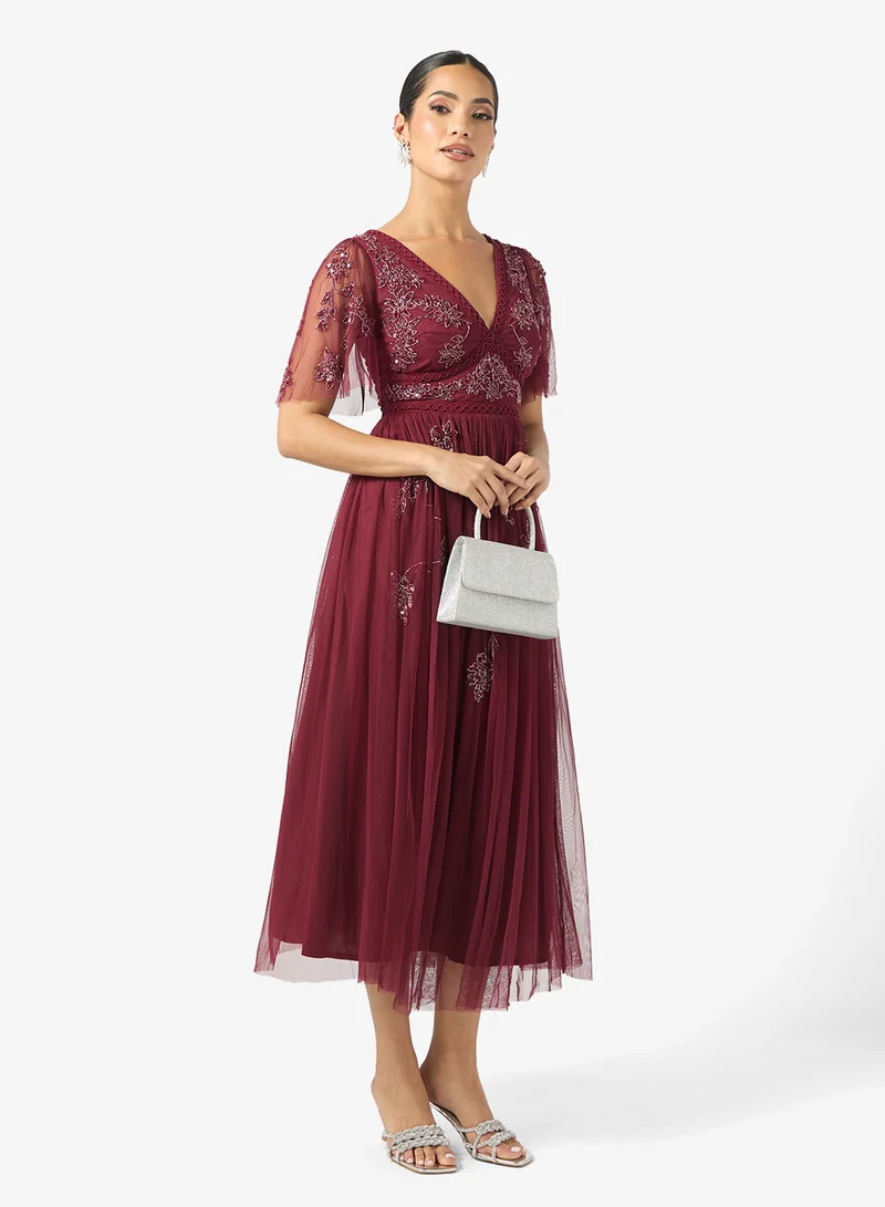 مايا Embellished Mesh Detail Midi Dress