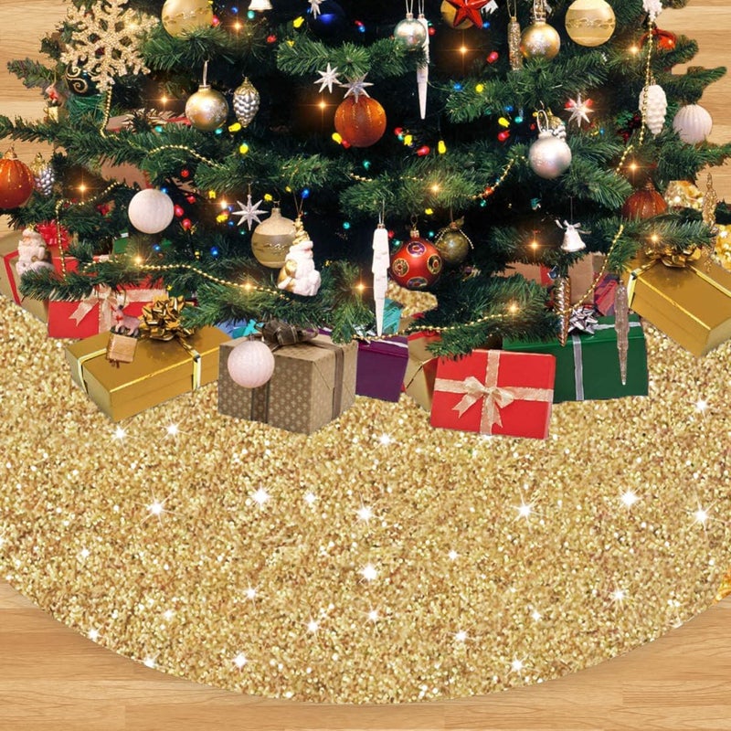 FANPROMS تنورة شجرة عيد الميلاد 36 بوصة براق باللون الذهبي مع لامعة من الترتر تنورة شجرة عيد الميلاد من المخمل الناعم ديكور عيد الميلاد الفريد لجميع المواسم بطانية شجرة دائرية مرصعة بالترتر قاعدة شجرة عيد الميلاد اللامعة باللون الذهبي