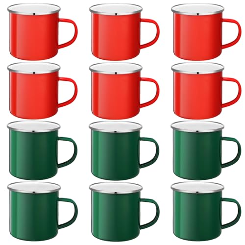 Uiifan12 Pcs Christmas Coffee Mugs Bulk Enamel 12 oz Hot Winter Holiday Galvanized Steel Fall Hot Chocolate Cup Seasonal Christmas Mug Gifts for Women Men Coworker Church Teacher EmployeeRedGreen - Image 1