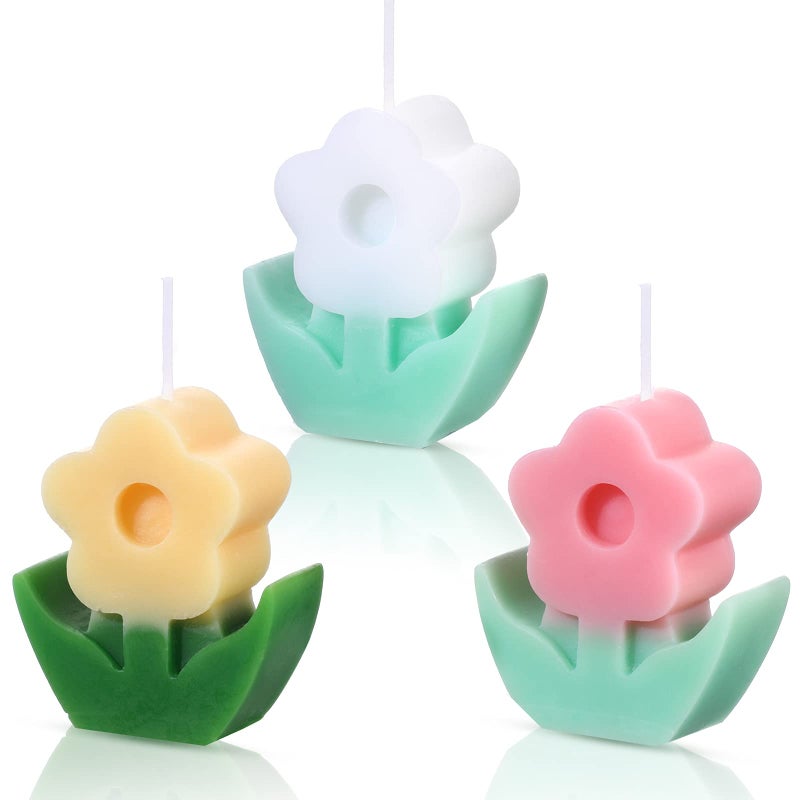 3 Pcs Flower Shaped Scented Candle Set Soy Wax Candle Decor for Table Fireplace Room Aesthetic Cute Gifts for Women Birthday Anniversary Party FavorsPink White Yellow