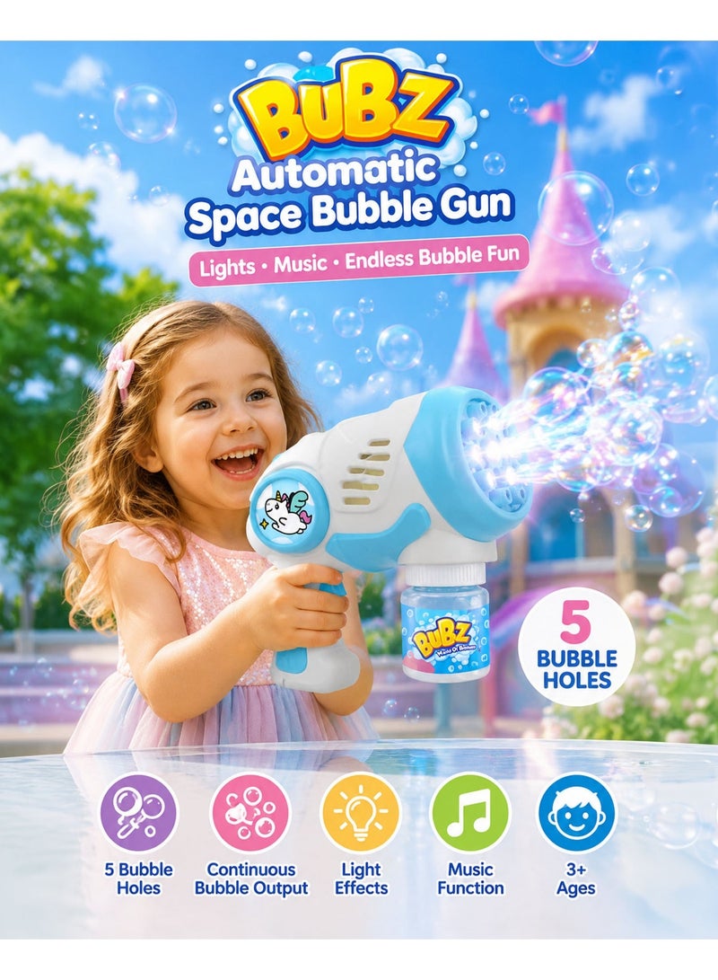 BUBZ Automatic Space Bubble Gun Toy for Kids with Lights & Music, 5-Hole Continuous Bubble Blaster Machine, Electric Bubble Shooter with Bubble Solution, Outdoor Summer Bubble Maker for Birthday Party Fun, Girls Boys Age 3+ - Image 1
