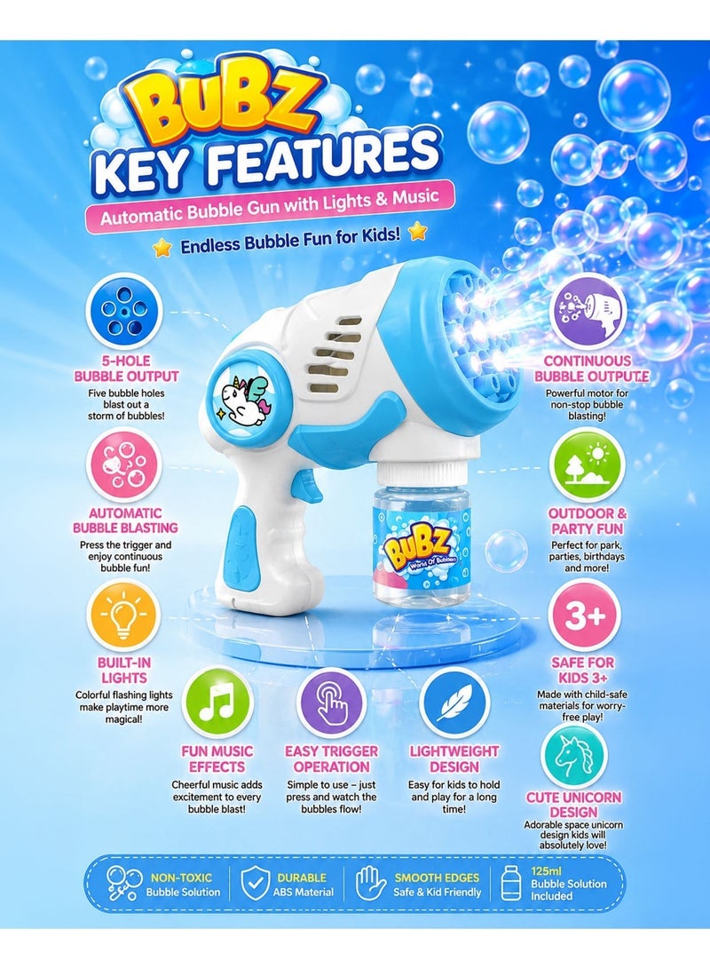 BUBZ Automatic Space Bubble Gun Toy for Kids with Lights & Music, 5-Hole Continuous Bubble Blaster Machine, Electric Bubble Shooter with Bubble Solution, Outdoor Summer Bubble Maker for Birthday Party Fun, Girls Boys Age 3+ - Image 2