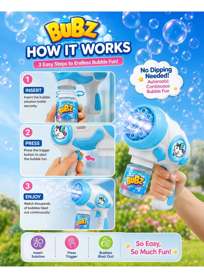 BUBZ Automatic Space Bubble Gun Toy for Kids with Lights & Music, 5-Hole Continuous Bubble Blaster Machine, Electric Bubble Shooter with Bubble Solution, Outdoor Summer Bubble Maker for Birthday Party Fun, Girls Boys Age 3+ - Image 3