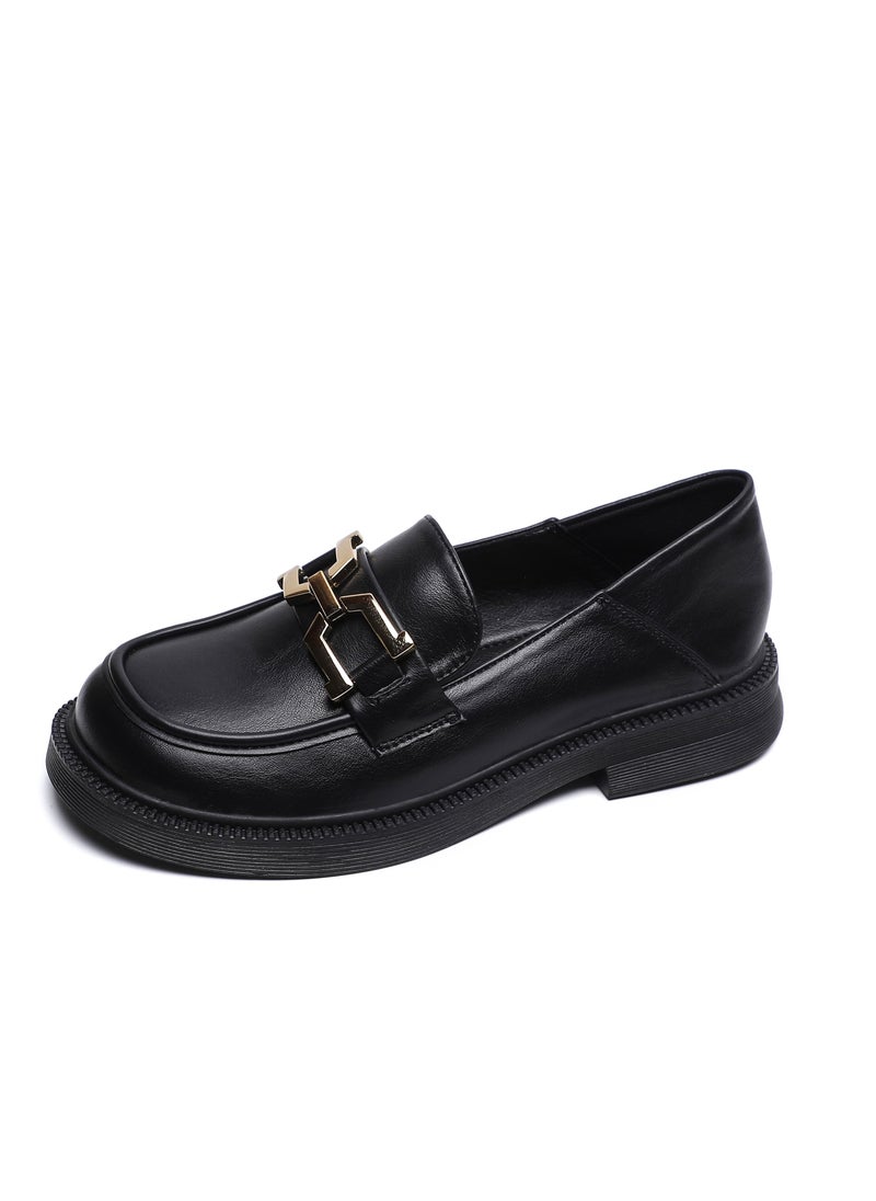 Loquat Preppy Round Toed Leather Shoes Black  - Image 1