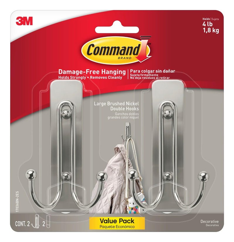 Command Large Brushed Nickel Double Hooks, 2 Hooks and 2 Command Strips, Damage Free Hanging Wall Hooks with Adhesive Strips, Coat Hooks for Hanging Christmas Decorations, Holds up to 4 lb - Image 1