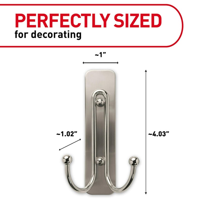 Command Large Brushed Nickel Double Hooks, 2 Hooks and 2 Command Strips, Damage Free Hanging Wall Hooks with Adhesive Strips, Coat Hooks for Hanging Christmas Decorations, Holds up to 4 lb - Image 2