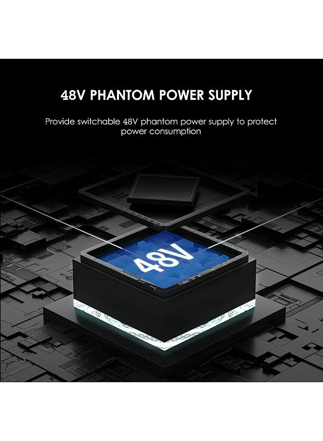 Audio Interface Professional Recording Sound Card 16bit/48kHz Mini USB Audio Interface Sound Card 2-In & 2-Out with 48V Phantom Power USB-B Cable Studio Recording Equipment for Music Recording Orchestration USB Drive Free