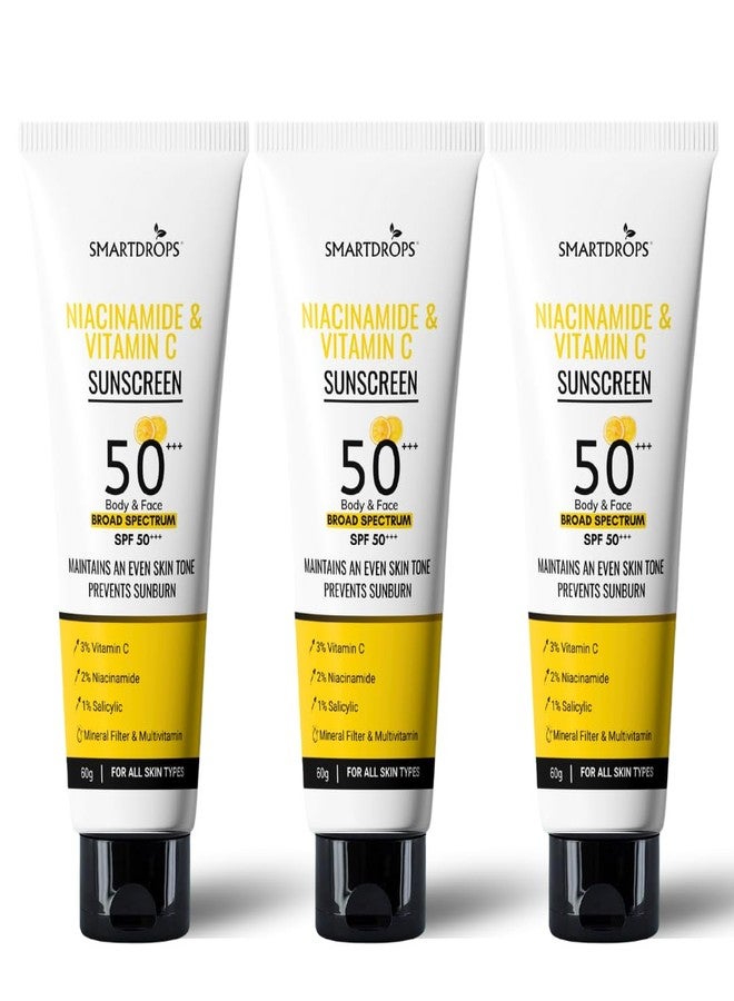 Smartdrops SPF 50+++ PA+++ Broad Spectrum Sunscreen Lotion with Niacinamide and Vitamin C, Lightweight Daily Sunscreen for Face, Neck and Body, Men and Women Use | 60ml (Pack 3) - Image 1