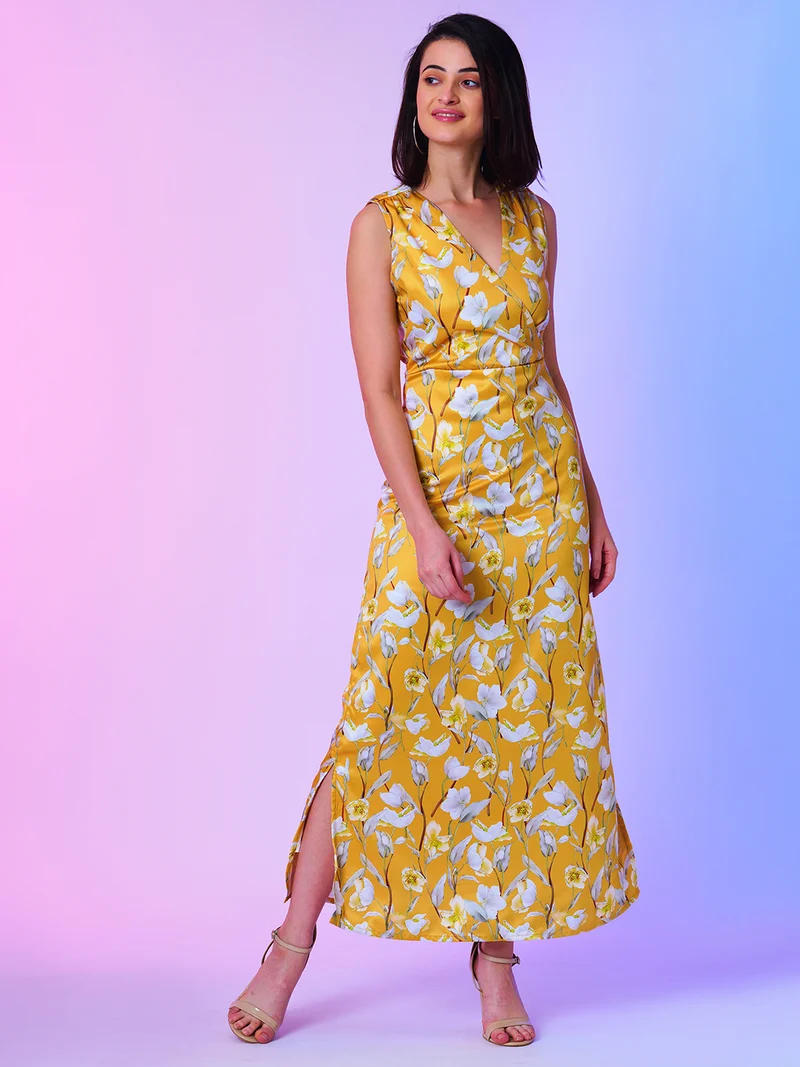 globus Women Yellow Floral Printed Cut-Outs Satin Wrap Maxi Dress