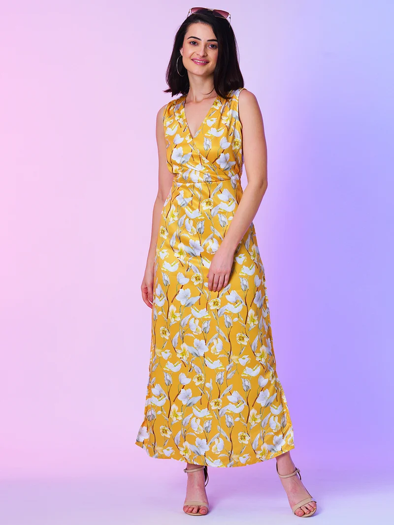 globus Women Yellow Floral Printed Cut-Outs Satin Wrap Maxi Dress