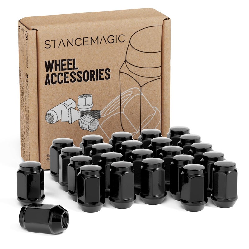 StanceMagic 24pcs 12x1.5 Lug Nuts - Compatible with Toyota Tacoma 4Runner FJ Cruiser Tundra, Lexus GX460 GX470, and More - 1.4 inch Length - 0.87 inch Width - Closed End Bulge Nuts Cone Seat - Black - Image 1