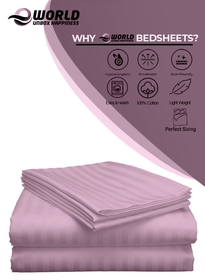 إي وورلد مجموعة فاخرة مكونة من 3 قطع بتصميم خطوط وردية من ورقة سرير واحدة و2 وسادة للفندق والمنزل، مصنوعة من قطن فائق النعومة والتهوية للراحة على مدار العام، (فردي/مزدوج). - Image 3