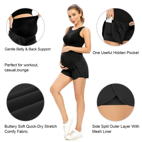POSHGLAM Women‘s Maternity Shorts Over Belly Workout Running Casual Summer Pregnancy Shorts(Black, Medium) - Image 2