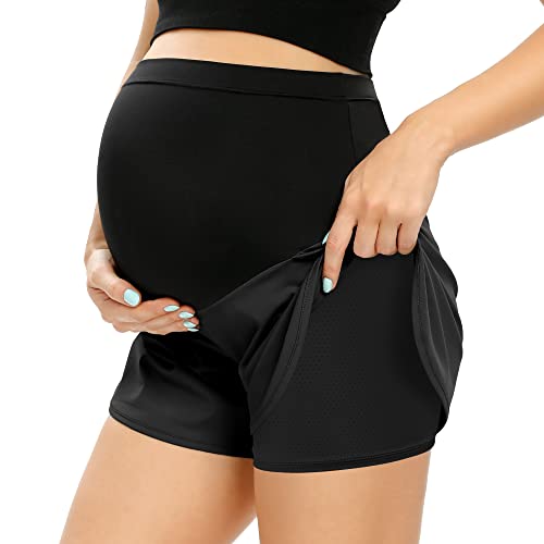 POSHGLAM Women‘s Maternity Shorts Over Belly Workout Running Casual Summer Pregnancy Shorts(Black, Medium) - Image 4
