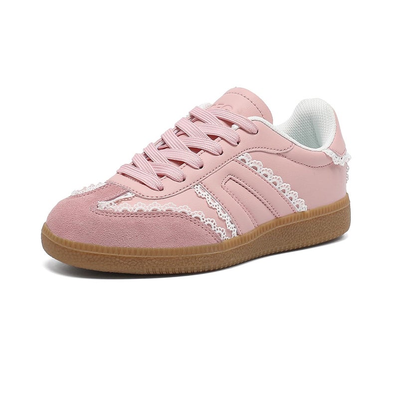 OFG Women's Retro Gum Sole Fashion Sneakers-Lace Detail Casual Retro Walking Shoes-Gum Sole Casual Tennis-Anti Slip Trainersï¼ˆPink Lace,7ï¼‰ - Image 1