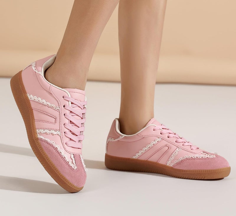 OFG Women's Retro Gum Sole Fashion Sneakers-Lace Detail Casual Retro Walking Shoes-Gum Sole Casual Tennis-Anti Slip Trainersï¼ˆPink Lace,7ï¼‰ - Image 2