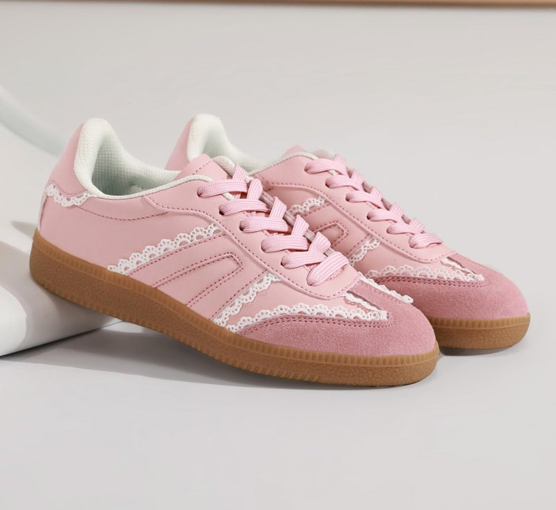 OFG Women's Retro Gum Sole Fashion Sneakers-Lace Detail Casual Retro Walking Shoes-Gum Sole Casual Tennis-Anti Slip Trainersï¼ˆPink Lace,7ï¼‰ - Image 3