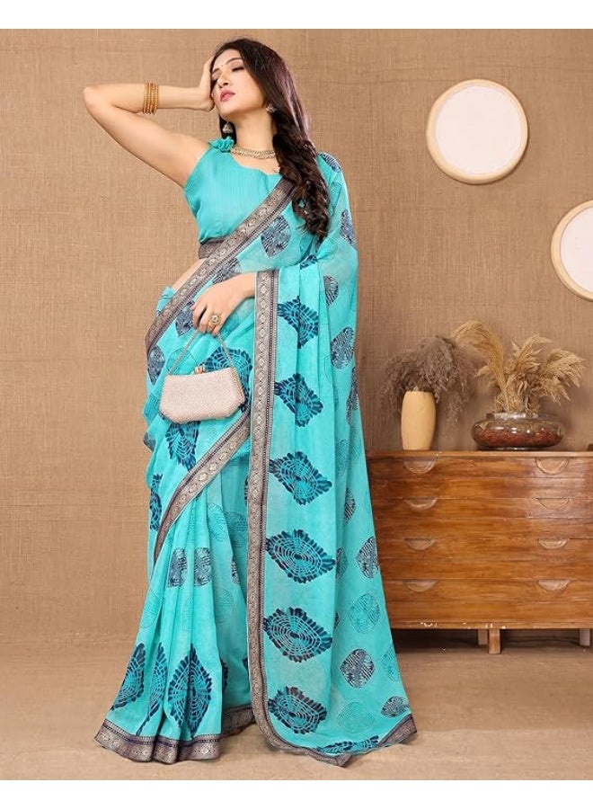 YASHIKA ساري نسائي من قماش جورجيت ياشيكا | أزرق سماوي - Image 4