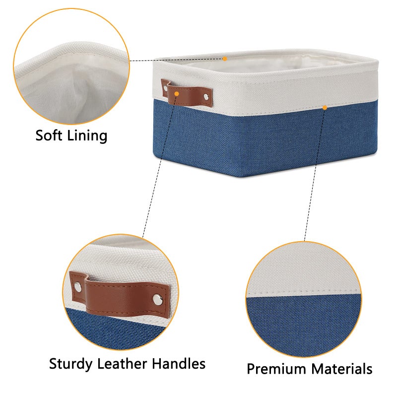 DULLEMELO Set of 6 Small Baskets for Organizing  Small Fabric Storage Bins for Toys Storage  Collapsible Storage Bins with Leather Handles for Shelves  Closets  Laundry  Nursery(White&Blue) - Image 5