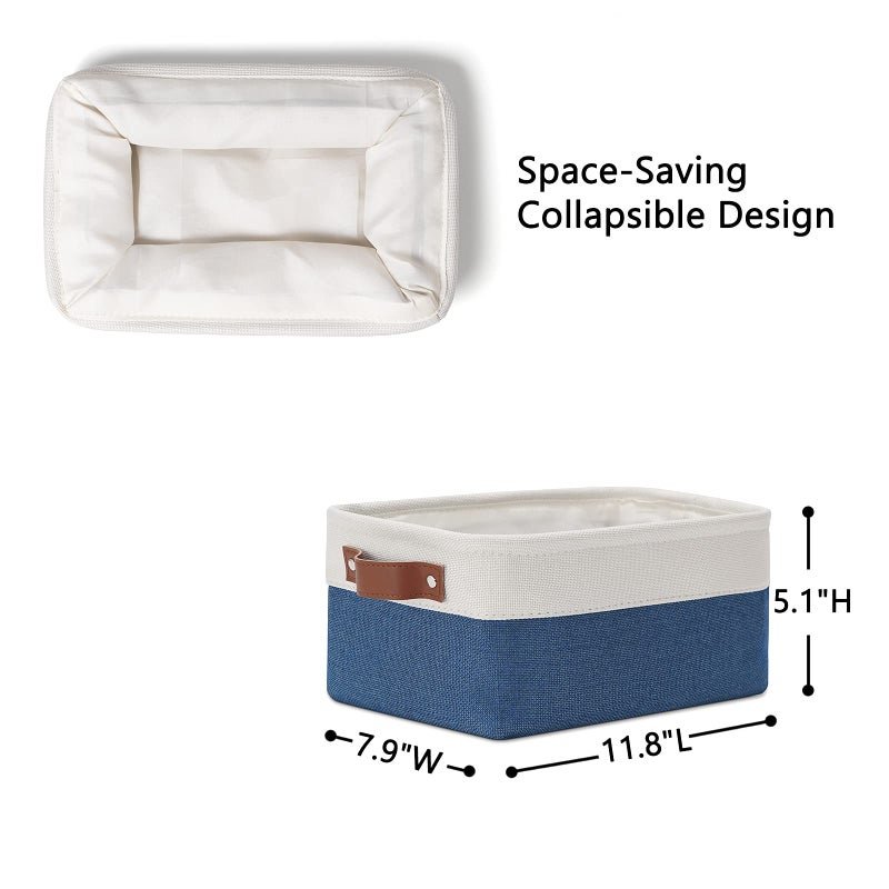 DULLEMELO Set of 6 Small Baskets for Organizing  Small Fabric Storage Bins for Toys Storage  Collapsible Storage Bins with Leather Handles for Shelves  Closets  Laundry  Nursery(White&Blue) - Image 2