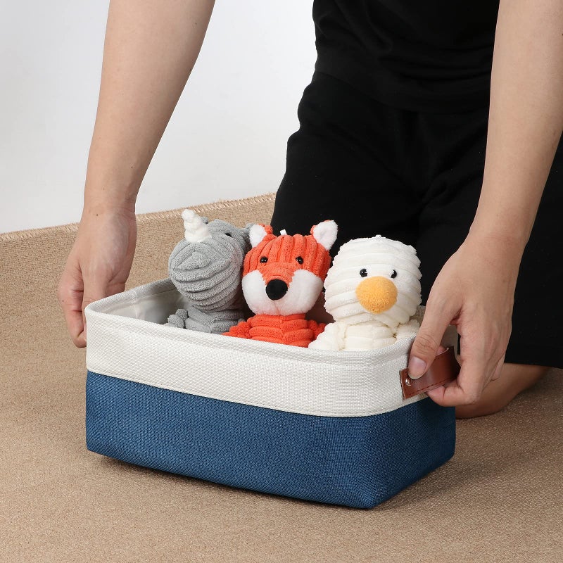 DULLEMELO Set of 6 Small Baskets for Organizing  Small Fabric Storage Bins for Toys Storage  Collapsible Storage Bins with Leather Handles for Shelves  Closets  Laundry  Nursery(White&Blue) - Image 4