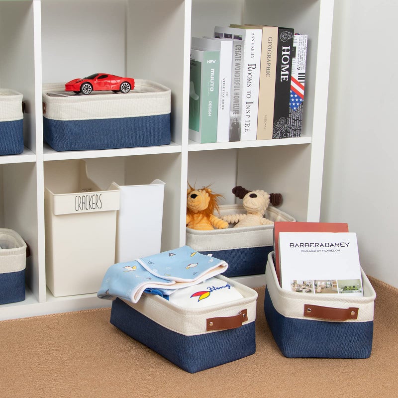 DULLEMELO Set of 6 Small Baskets for Organizing  Small Fabric Storage Bins for Toys Storage  Collapsible Storage Bins with Leather Handles for Shelves  Closets  Laundry  Nursery(White&Blue) - Image 3