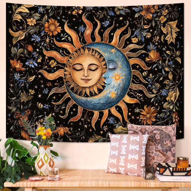 Aipon Sun and Moon Tapestry for Bedroom Boho Vintage Floral Hippie Wall Tapestry Aesthetic Retro Flower Plant Small Tapestries Wall Hanging for Living Room Dorm Decor 48 x 36 Inch - Image 1