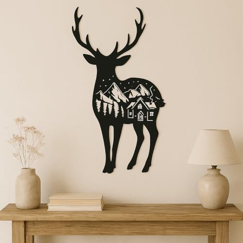 MAYUMI DÉCOR | Wooden Wall Plaque/Wall Sign For Home Decoration | Ready To Hang Wall Decor (Black) – 400 mm Length (Deer) - Image 1