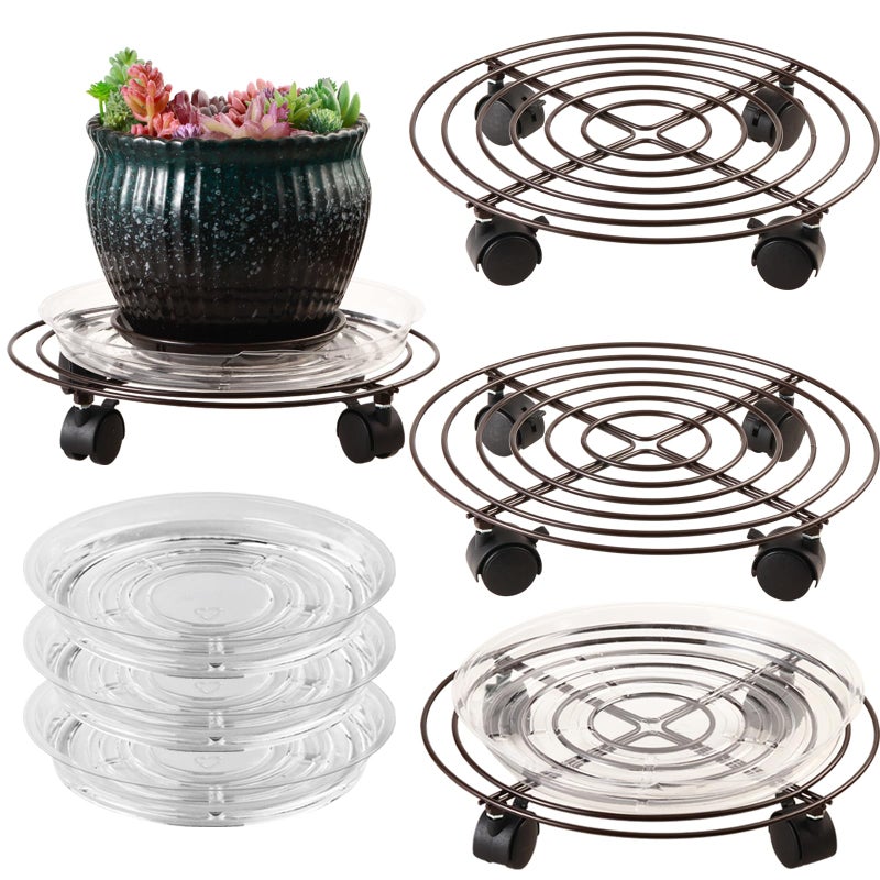Planterhoma 3 Packs Large Metal Plant Caddy with Wheels 13" Heavy-duty Wrought Iron Rolling Plant Stands with Casters Plant Dolly Plant Roller Base for Indoor and Outdoor Plant Pot Movers Saucers Brown - Image 1
