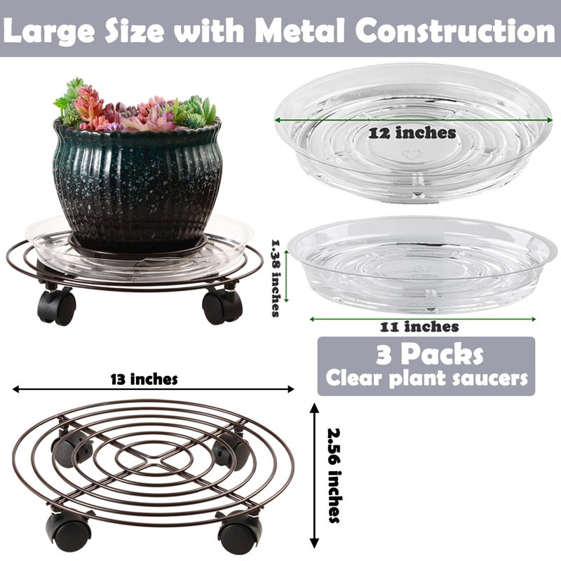 Planterhoma 3 Packs Large Metal Plant Caddy with Wheels 13" Heavy-duty Wrought Iron Rolling Plant Stands with Casters Plant Dolly Plant Roller Base for Indoor and Outdoor Plant Pot Movers Saucers Brown - Image 3