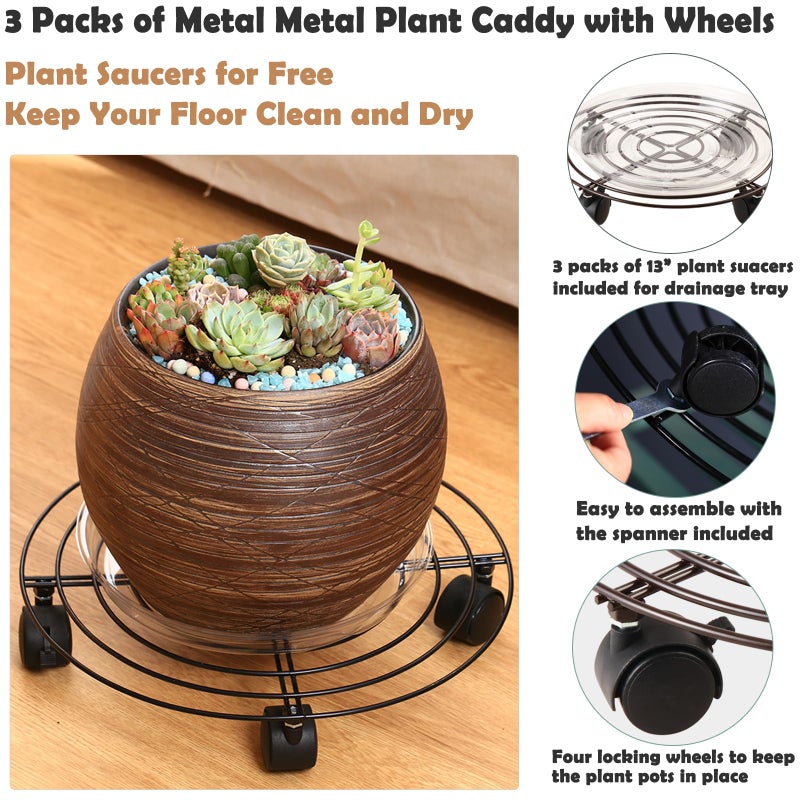 Planterhoma 3 Packs Large Metal Plant Caddy with Wheels 13" Heavy-duty Wrought Iron Rolling Plant Stands with Casters Plant Dolly Plant Roller Base for Indoor and Outdoor Plant Pot Movers Saucers Brown - Image 2